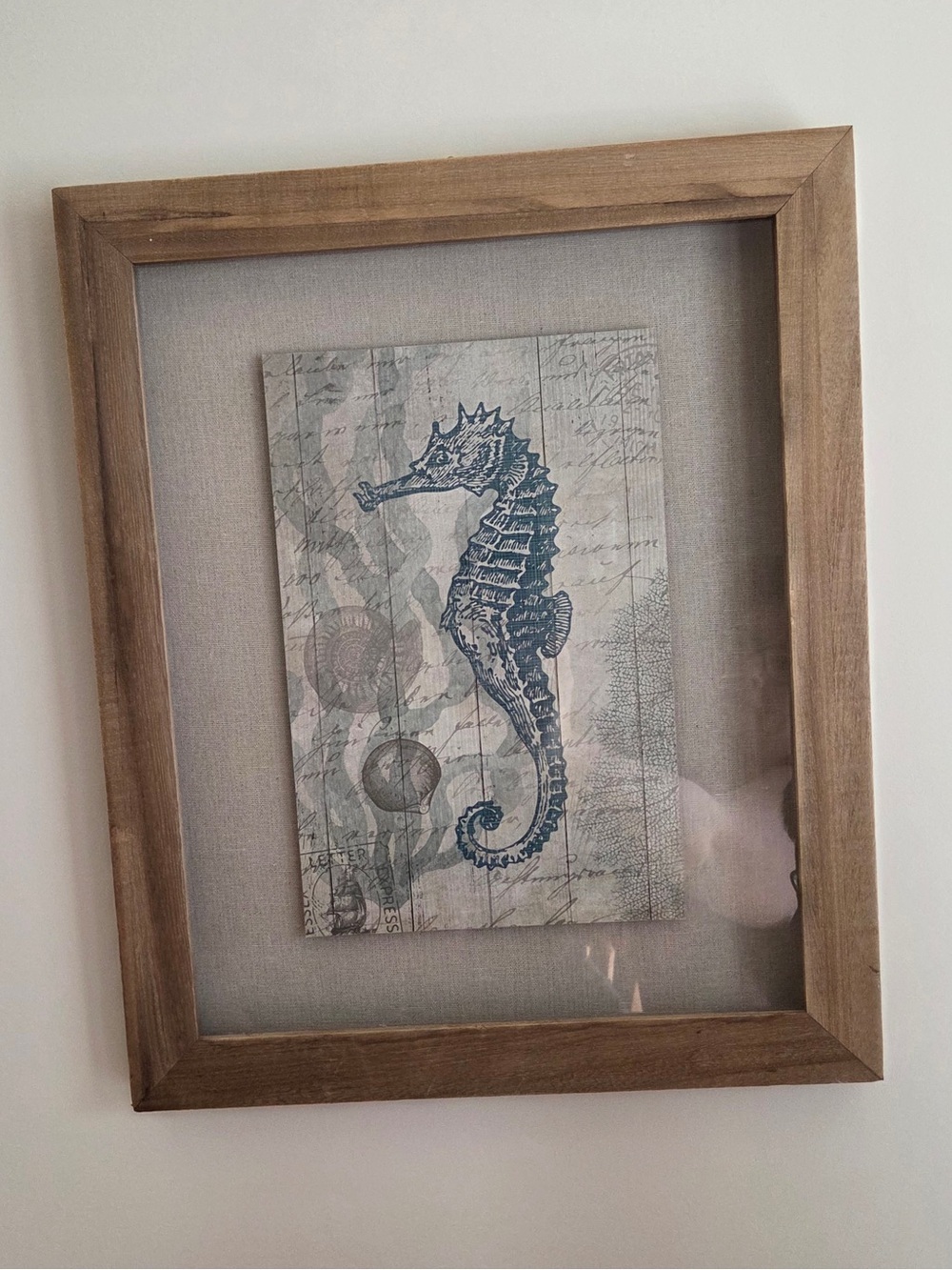 Framed Blue Seahorse and Shell Wall Art Set- Nautical Coastal Print